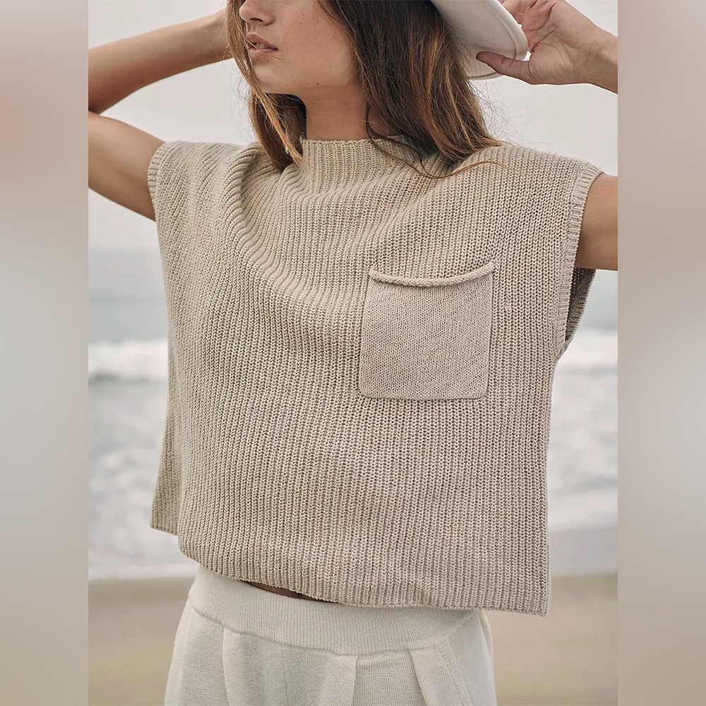 Tan Knit Short Sleeve Sweater free people cotton XS